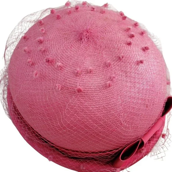 VTG Mid Century Pink Pillbox Derby Hat with Swiss Dot Netting and Bow 1950s